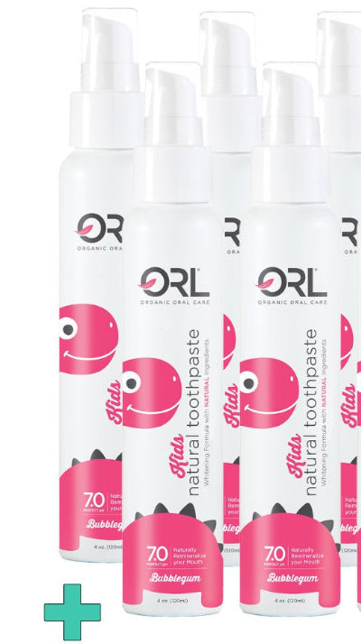Set of ORL toothpaste bottles with pink and white design on a white background