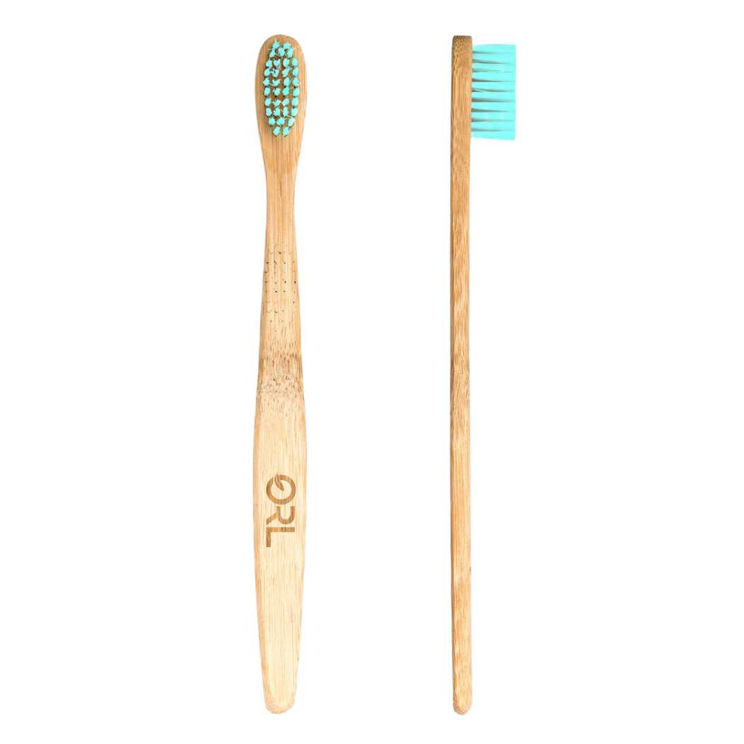 Bamboo Toothbrush with ORL in wood with turquoise blue bristles. Natural Toothbrush by ORL Cares