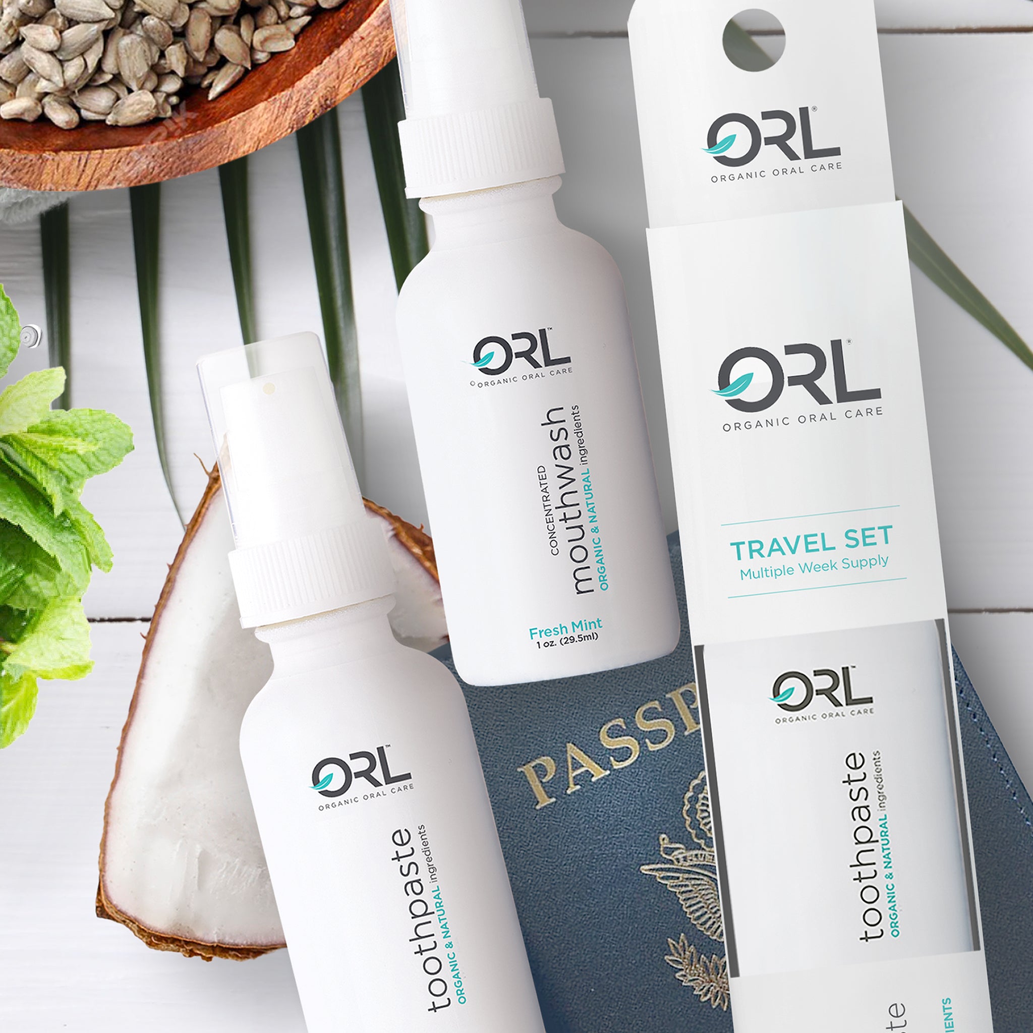 Fluoride-free Toothpaste and Alcohol-free Mouthwash in 1 oz. Travel Size Glass Bottles