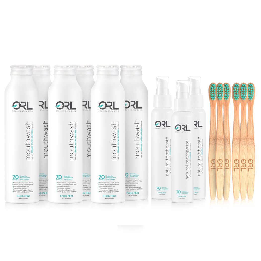 6 Month supply includes 6 Fresh Mint Mouthwashes, 3 Fresh Mint Toothpaste and 6 Bamboo Toothbtrushes