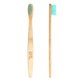 Bamboo Toothbrush with ORL in wood with turquoise blue bristles. Natural Toothbrush by ORL Cares