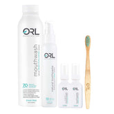 Fresh Mint set of ORL toothpaste, mouthwash, breath spray, travel set and bamboo toothbrush.