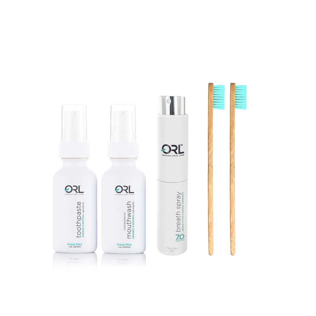 ORL Fresh Mint breath spray, travel set (travel toothpaste and travel mouthwash with organic xylitol) and 2 bamboo toothbrushes.