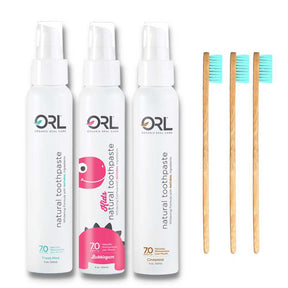 ORL Bundle includes Fresh Mint, Cinnamint and Bubblegum Toothpaste and 3 eco-friendly bamboo toothbrushes