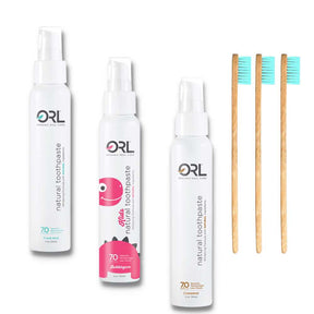 ORL Bundle includes Fresh Mint, Cinnamint and Bubblegum Toothpaste and 3 eco-friendly bamboo toothbrushes